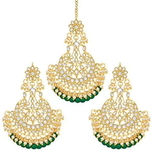 Aheli Indian Wedding Kundan Pearl Maang Tikka with Earring Set Bollywood Party Traditional Jewelry for Women Girls Aheli Indian Wedding Kundan Pearl Maang Tikka with Earring Set Bollywood Party Traditional Jewelry for Women Girls