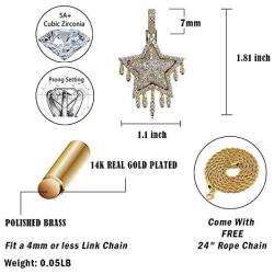 TOPGRILLZ 14K Gold Plated Simulated Diamond CZ Drop Pentagram Pendant Chain for Men and Women Necklace Hip Hop Jewelry