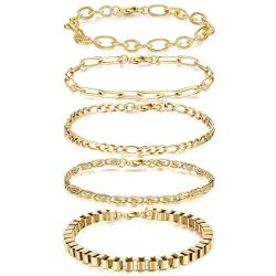 XCOIN 5-6pcs Chain Bracelets Set for Women,18k Gold Plated Stainless Steel Adjustable Paperclip Link Cuban Box Figaro Cuble Chain Bracelets Jewelry Gifts