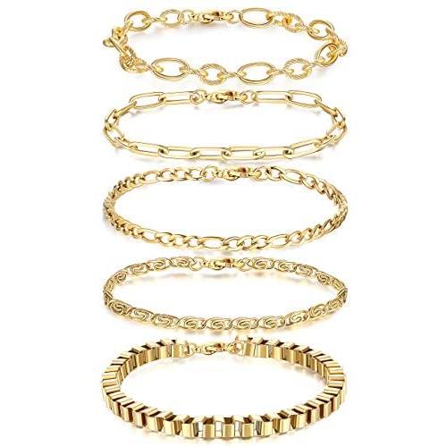 XCOIN 5-6pcs Chain Bracelets Set for Women,18k Gold Plated Stainless Steel Adjustable Paperclip Link Cuban Box Figaro Cuble Chain Bracelets Jewelry Gifts