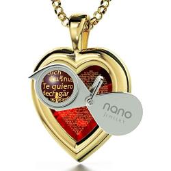 Gold Plated Heart Jewelry Set I Love You Necklace 24k Gold Inscribed in 120 Languages in Miniature Text on Sparkling Brilliant Cut Heart-Shaped Cubic Zirconia Gemstone and Crystal Earrings