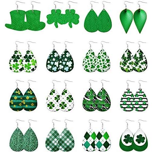 St Patricks Day Faux Leather Earrings for Women Shamrock Clover Leather Earrings Lightweight Saint Patricks Day Green Petal Leaf Teardrop Earrings Set