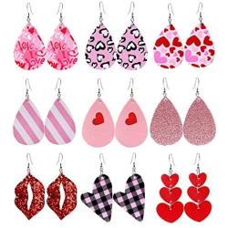 Makone Valentines Day Earrings for Women, 9 Pairs Teardrop/Lip/Heart-Shaped Faux Leather Dangle Earrings, Lightweight Pink Party Jewelry Set, Valentines Day Gifts for Girls, Ladies