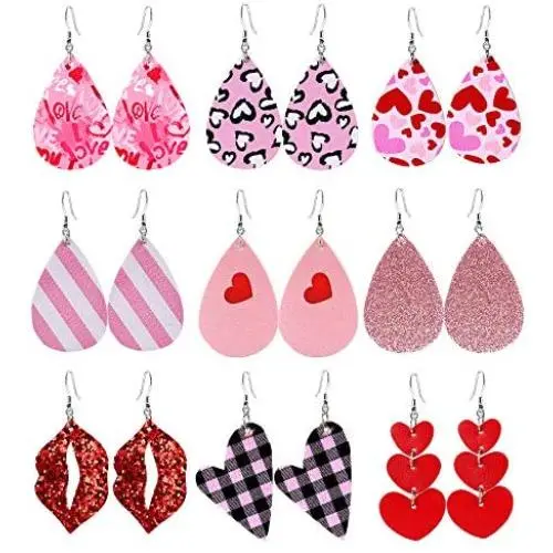 Makone Valentines Day Earrings for Women, 9 Pairs Teardrop/Lip/Heart-Shaped Faux Leather Dangle Earrings, Lightweight Pink Party Jewelry Set, Valentines Day Gifts for Girls, Ladies