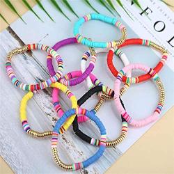 The Woos 10Pcs Colorful Polymer Clay Bracelets Handmade Rainbow Disc Bead Elastic Rope Stretch Bracelets Boho Beaded Bracelet Set Summer Beach Surf Stackable Jewelry for Women Girl