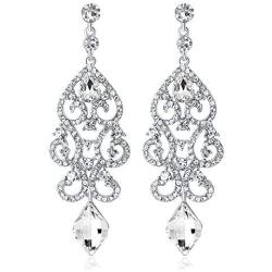 Big Vintage Diamond Mounted Silver Flower Teardrop Stunning Dangle Drop Chandelier Earrings for Women Girls