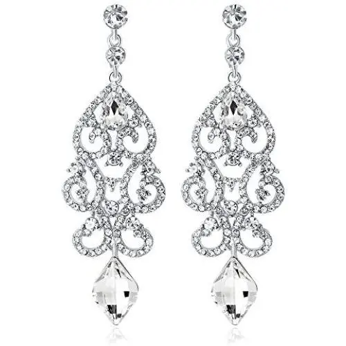 Big Vintage Diamond Mounted Silver Flower Teardrop Stunning Dangle Drop Chandelier Earrings for Women Girls