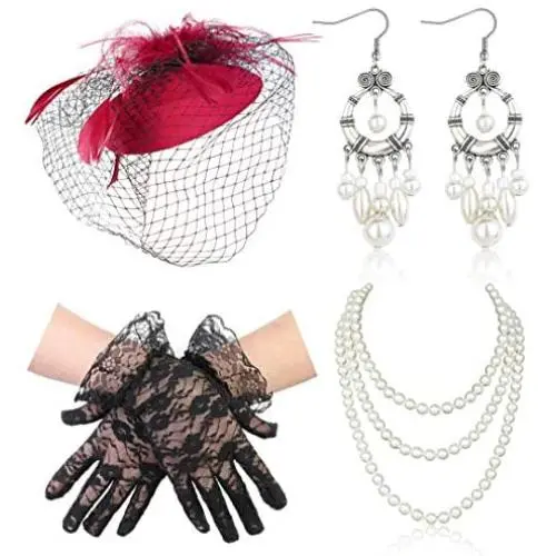 Thunaraz 1920s 50s Accessories Fascinators Pillbox Veil Hat Short Lace Gloves Pearl Neckalce Earrings for Wedding Derby Party Afternoon Tea Costume Jewelry Set