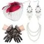 Thunaraz 1920s 50s Accessories Fascinators Pillbox Veil Hat Short Lace Gloves Pearl Neckalce Earrings for Wedding Derby Party Afternoon Tea Costume Jewelry Set