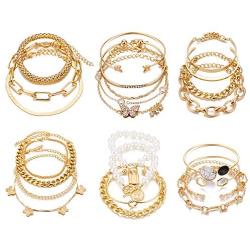 IFKM 6 PACK (24 PCS) Boho Gold Chain Bracelets Set for Women Girls, 14K Gold Plated Multiple Layered Stackable Open Cuff Wrap Bangle Adjustable Link Italian Cuban Jewelry for Women Girls Gift