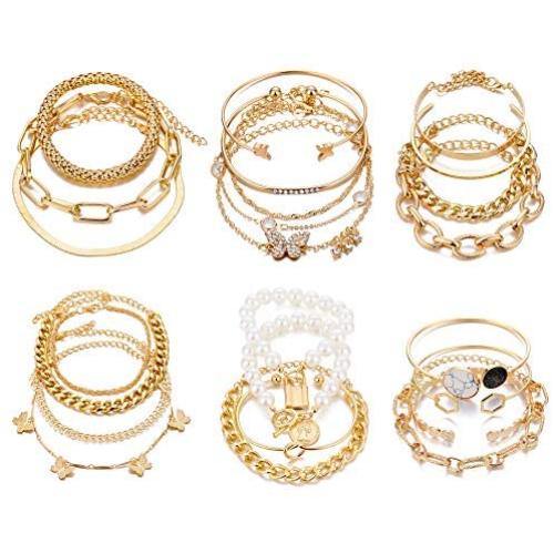 IFKM 6 PACK (24 PCS) Boho Gold Chain Bracelets Set for Women Girls, 14K Gold Plated Multiple Layered Stackable Open Cuff Wrap Bangle Adjustable Link Italian Cuban Jewelry for Women Girls Gift