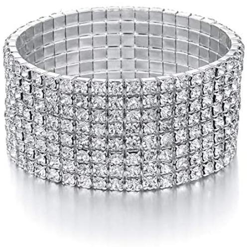 JEWMAY Yumei Jewelry 8 Strand Rhinestone Stretch Bracelet Silver-tone Sparking Tennis Bracelet