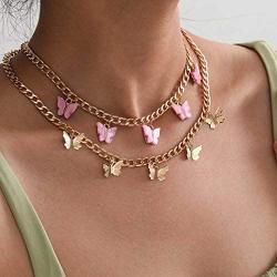 PROTUSTER Boho Butterfly Double Layered Choker Necklaces Chain Necklace Set Pink Butterflies Pendant Clothing Accessories Jewelry for Women and Teens Girls