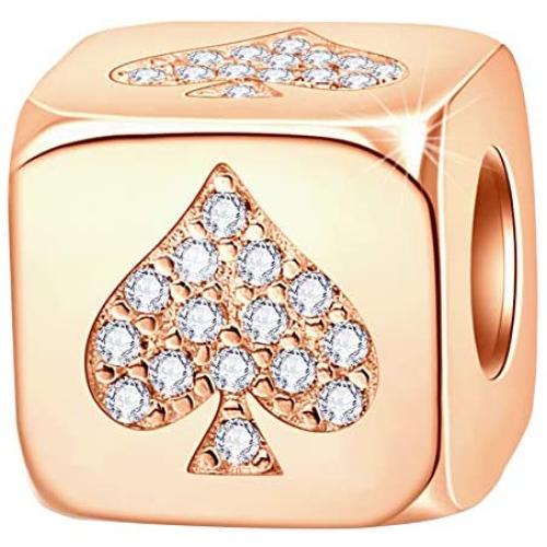 Rose Gold Dice Lucky 0-9 Number and Poker Card Charms with CZ, 925 Sterling Silver Cube Shape Beads fits European Bracelet, Birthday Gifts for Friends/Mom/Teacher