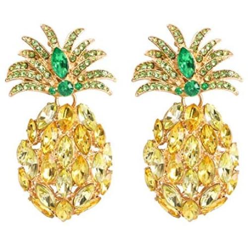 Crystal Colorful Fruit Cherry Drop Earrings Tropical Lemon Pineapple Orange Gold Plated Rhinestone Dangle Earring Boho Summer Statement Holiday Party Wedding Jewelry for Women Girl