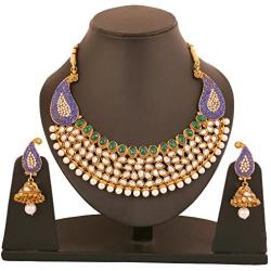 Touchstone Indian Bollywood Handcrafted Traditional Royal Mughal Kundan Polki Meenakari Enamel Colorful Wedding Designer Jewelry Long Necklace Set in Gold and Silver Tone for Women.