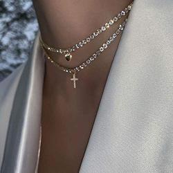 Masiter Sparkly Rhinestone Tennis Necklace Layered Heart Cross Pendant Choker Dainty Chain Birthday Party Costume Jewelry for Women and Girls (style 1)