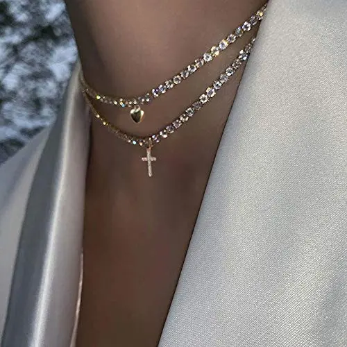 Masiter Sparkly Rhinestone Tennis Necklace Layered Heart Cross Pendant Choker Dainty Chain Birthday Party Costume Jewelry for Women and Girls (style 1) Masiter Sparkly Rhinestone Tennis Necklace Layered Heart Cross Pendant Choker Dainty Chain Birthday Party Costume Jewelry for Women and Girls (style 1)
