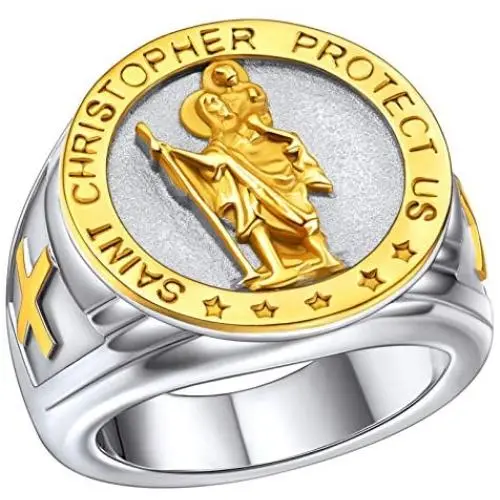 FaithHeart Saint Michael Ring, Saint Christopher Rings Catholic Medal Great Protector Archangel Defeating Satan Figurine Stainless Steel Amulet Rings for Men -Send Delicate Box