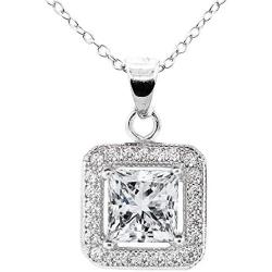 Cate & Chloe Ivy 18k White Gold Plated Princess Cut Halo Pendant Necklace - Silver Halo Necklace w/Solitaire Square Cut Cubic Zirconia Diamond - Wedding Anniversary