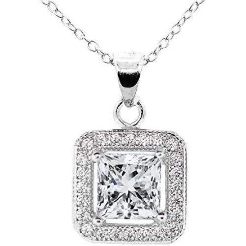 Cate & Chloe Ivy 18k White Gold Plated Princess Cut Halo Pendant Necklace - Silver Halo Necklace w/Solitaire Square Cut Cubic Zirconia Diamond - Wedding Anniversary