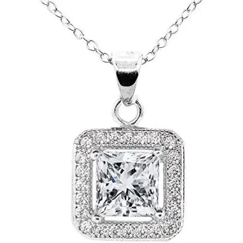 Cate & Chloe Ivy 18k White Gold Plated Princess Cut Halo Pendant Necklace - Silver Halo Necklace w/Solitaire Square Cut Cubic Zirconia Diamond - Wedding Anniversary