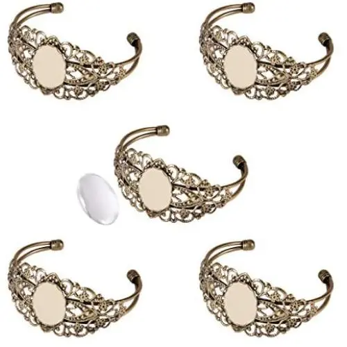 PandaHall 5 Sets Brass Filigree Bezel Tray Blank Cuff Bangles Bracelet with 25x18mm Oval Cabochon for Men and Women Antique Bronze PandaHall 5 Sets Brass Filigree Bezel Tray Blank Cuff Bangles Bracelet with 25x18mm Oval Cabochon for Men and Women Antique Bronze