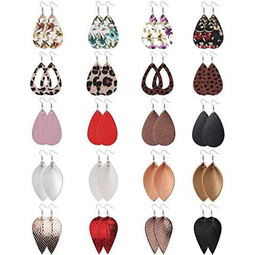 Finrezio 20 Pairs Leather Teardrop Dangle Earrings For Women Petal Leopard Print Leaf Drop Antique Lightweight Earrings