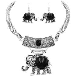 Rosemarie Collections Women’s Lucky Elephant Circular Natural Howlite Statement Necklace Earrings Set, 10''-13'' with 3'' Extension