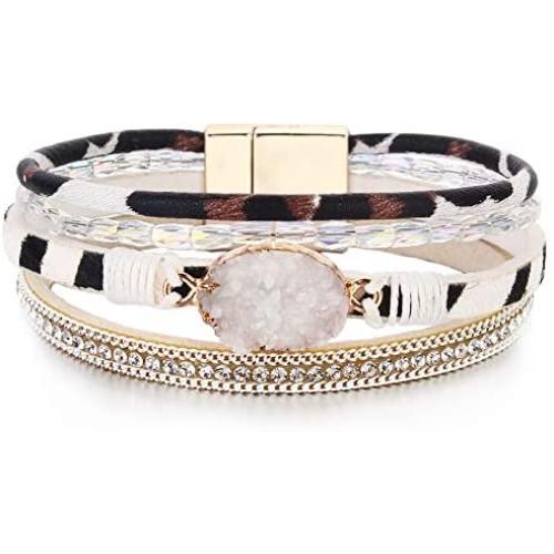 FANCY SHINY Leather Wrap Bracelet Boho Cuff Bracelets Crystal Bead Bracelet with Magnetic Clasp Jewelry Gifts for Women Teen Girls