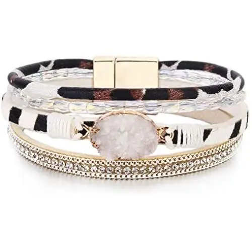 FANCY SHINY Leather Wrap Bracelet Boho Cuff Bracelets Crystal Bead Bracelet with Magnetic Clasp Jewelry Gifts for Women Teen Girls