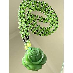 Green Jade Stabilized Turquoise Rose Pendant 26'' Necklace Bead Carved Long Large Boho Chain Genuine Certified Grade A Jadeite Hand Crafted, Jade Medallion, Rose Necklace