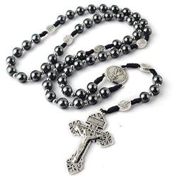 HanlinCC 8mm Hematite Rosary Black Stone Beads with 4mm Stainless Steel Beads and St.Benedict Metal Beads Rosary Necklace with Medal & Cross for Men and Womens