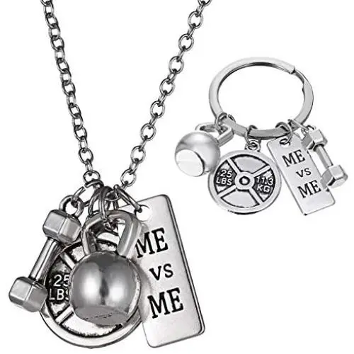 RINHOO FRIENDSHIP Stainless Steel Fitness Keychains with Quotes Weight Plate Dumbbell Kettlebell Charms Keyring