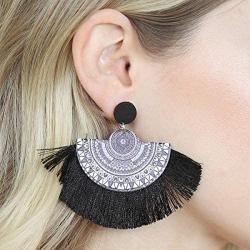 Bohemian Fan Fringe Thread Tassel Drop Earrings - Statement Half Circle, Clover Leatherette, Flower, Quatrefoil Chandelier Dangles