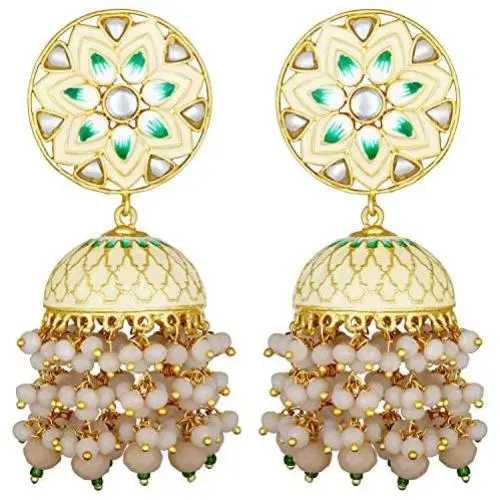 Aheli Indian Traditional Wedding Festive Wear Floral Enamel Jhumki Jhumka Earrings with Beaded Tassel Ethnic Fashion Party Jewelry for Women Girls