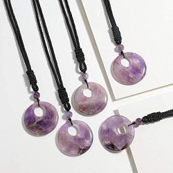 JUNHAN Natural Gemstone Lucky Coin Pendant Necklace for Women Men Reiki Healing Round Donut Crystal Stone Jewelry Adjustable Braided Cord