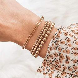 Reoxvo 18K Gold Plated Bracelets for Women | Stainless Steel Gold Beaded Stretch Bracelets Set