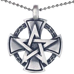 Wicca Jewelry Star Pentacle Pentagram Cross Knight templar Wiccan Pagan Celtic Magic Wizard Gothic Protection Amulet Medallion Wealth Money Lucky Charm Pewter Mens Pendant Necklace Silver Ball Chain