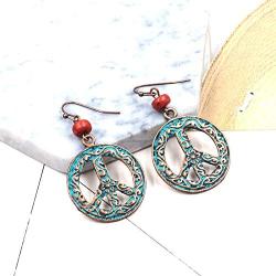 Eiffy Vintage Copper and Bronze Green Peace Sign Symbol Dangle Drop Earrings for Women Jewelry