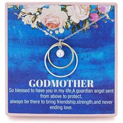 RareLove Godmother Gifts from Godchild 925 Sterling Silver 2 Circle Rings and 1 Faux Pearl Pendant Necklace Christmas Baptism Proposal Gift for Her Chain Adjust from 17'' to 19'' Extender