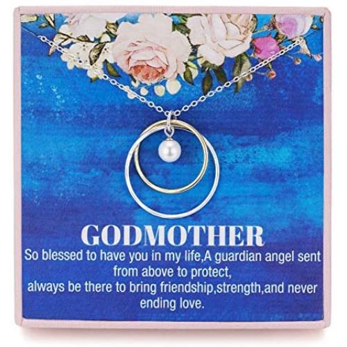 RareLove Godmother Gifts from Godchild 925 Sterling Silver 2 Circle Rings and 1 Faux Pearl Pendant Necklace Christmas Baptism Proposal Gift for Her Chain Adjust from 17'' to 19'' Extender