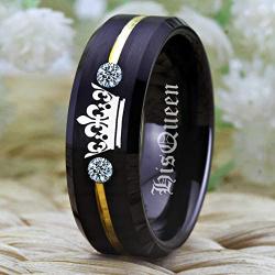 Free Custom Engraving Matching Couples Her King and His Queen Ring Set in Black Tungsten Carbide Rings With Two White CZ- His and Hers for Promise Wedding Jewelry