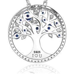 Sterling Silver Tree of Life Necklace March Birthstone Aquamarine Necklace for Wife Mom Birthday Gifts Emerald Pearl Ruby Peridot Blue Sapphire Pink Tourmaline Citrine Jewelry