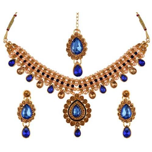 Efulgenz Indian Bollywood Crystal Rhinestone Gold Plated Choker Necklace Earring Maangtikka Statement Jewelry Set