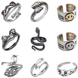 Stology Vintage Punk Rings Bulk, Adjustable Open Snake Frog Smiley Sad Crying Face State Rings Set, Gothic Knuckle Hugging Peacock Jewelry Fashion Accessory for Men Women