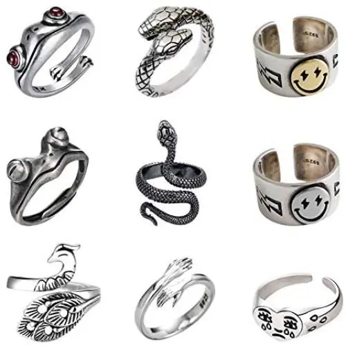 Stology Vintage Punk Rings Bulk, Adjustable Open Snake Frog Smiley Sad Crying Face State Rings Set, Gothic Knuckle Hugging Peacock Jewelry Fashion Accessory for Men Women Stology Vintage Punk Rings Bulk, Adjustable Open Snake Frog Smiley Sad Crying Face State Rings Set, Gothic Knuckle Hugging Peacock Jewelry Fashion Accessory for Men Women