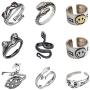 Stology Vintage Punk Rings Bulk, Adjustable Open Snake Frog Smiley Sad Crying Face State Rings Set, Gothic Knuckle Hugging Peacock Jewelry Fashion Accessory for Men Women