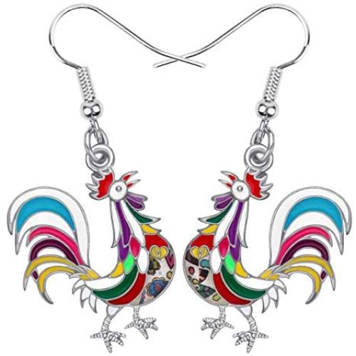 WEVENI Enamel Alloy Chicken Rooster Earrings Dangle Drop Farm Jewelry For Women Girls Ladies Gift