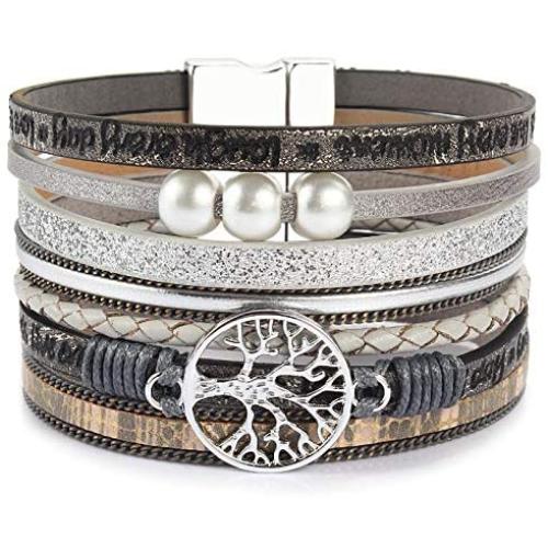 FANCY SHINY Tree of Life Leather Wrap Bracelet Inspirational Cuff Bangles Boho Pearl Bracelets with Magnetic Clasp Unique Jewelry Gifts for Women Teen Girls